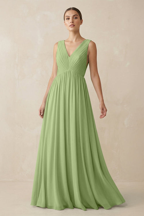 Deep V - Neck Pleated A - Line Chiffon Bridesmaid Dress in Matcha - KissProm Bridesmaid Dresses