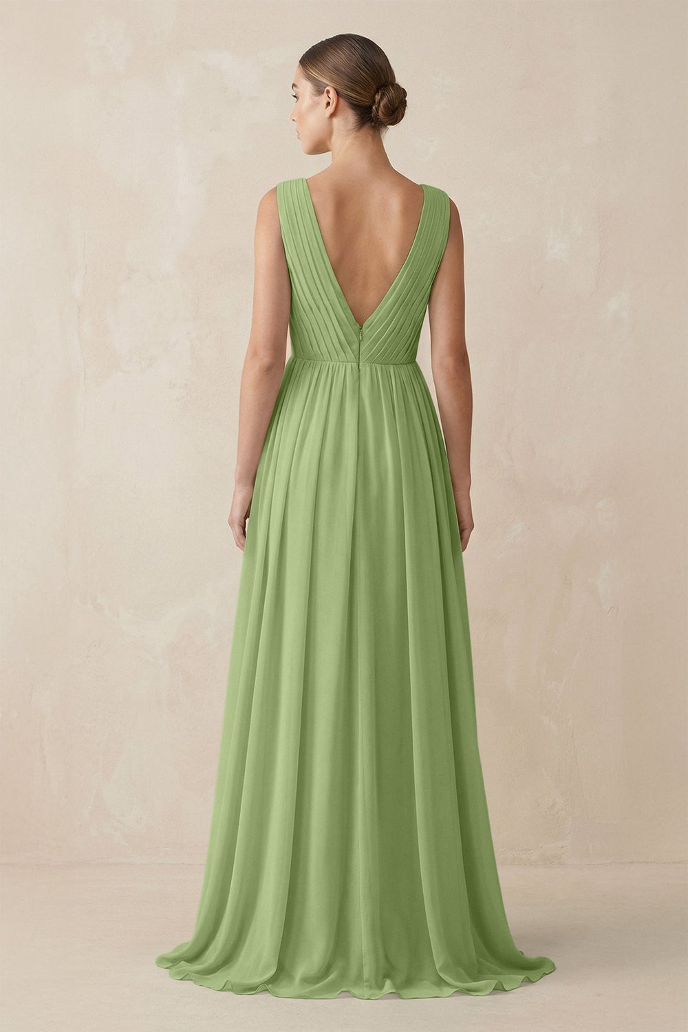 Deep V - Neck Pleated A - Line Chiffon Bridesmaid Dress in Matcha - KissProm Bridesmaid Dresses