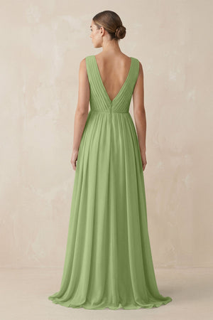 Deep V - Neck Pleated A - Line Chiffon Bridesmaid Dress in Matcha - KissProm Bridesmaid Dresses