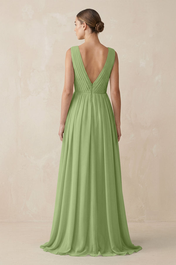 Deep V - Neck Pleated A - Line Chiffon Bridesmaid Dress in Matcha - KissProm Bridesmaid Dresses