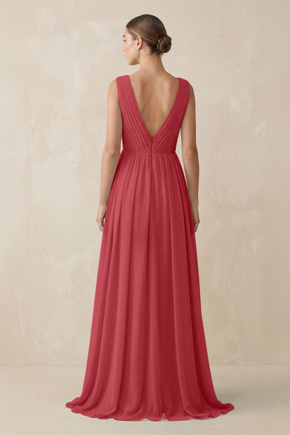 Deep V - Neck Pleated A - Line Chiffon Bridesmaid Dress in Merlot - KissProm Bridesmaid Dresses