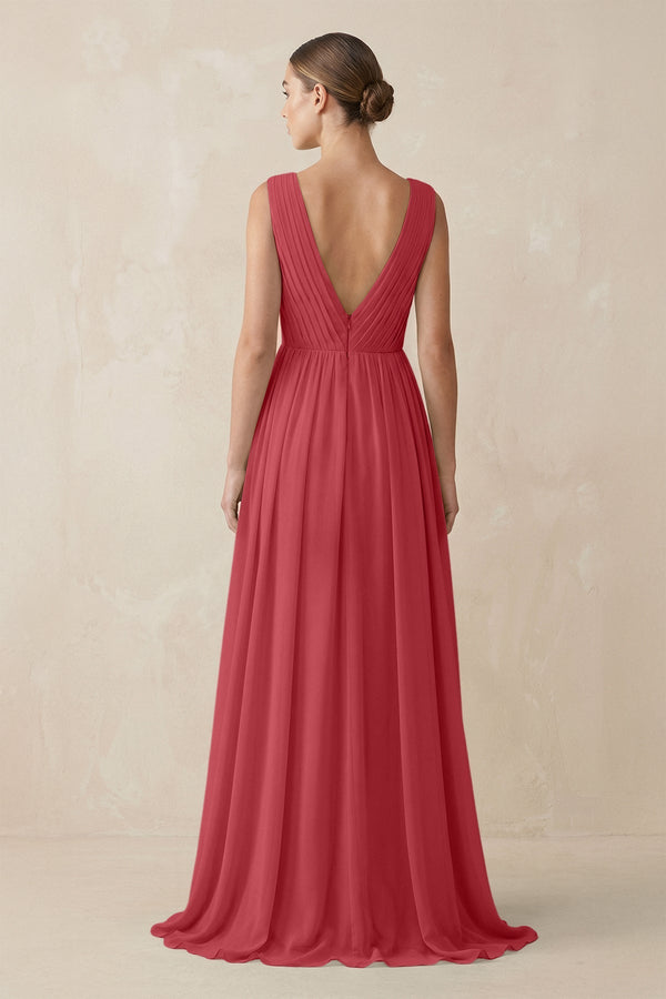 Deep V - Neck Pleated A - Line Chiffon Bridesmaid Dress in Merlot - KissProm Bridesmaid Dresses
