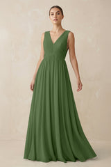 Deep V - Neck Pleated A - Line Chiffon Bridesmaid Dress in Moss - KissProm Bridesmaid Dresses