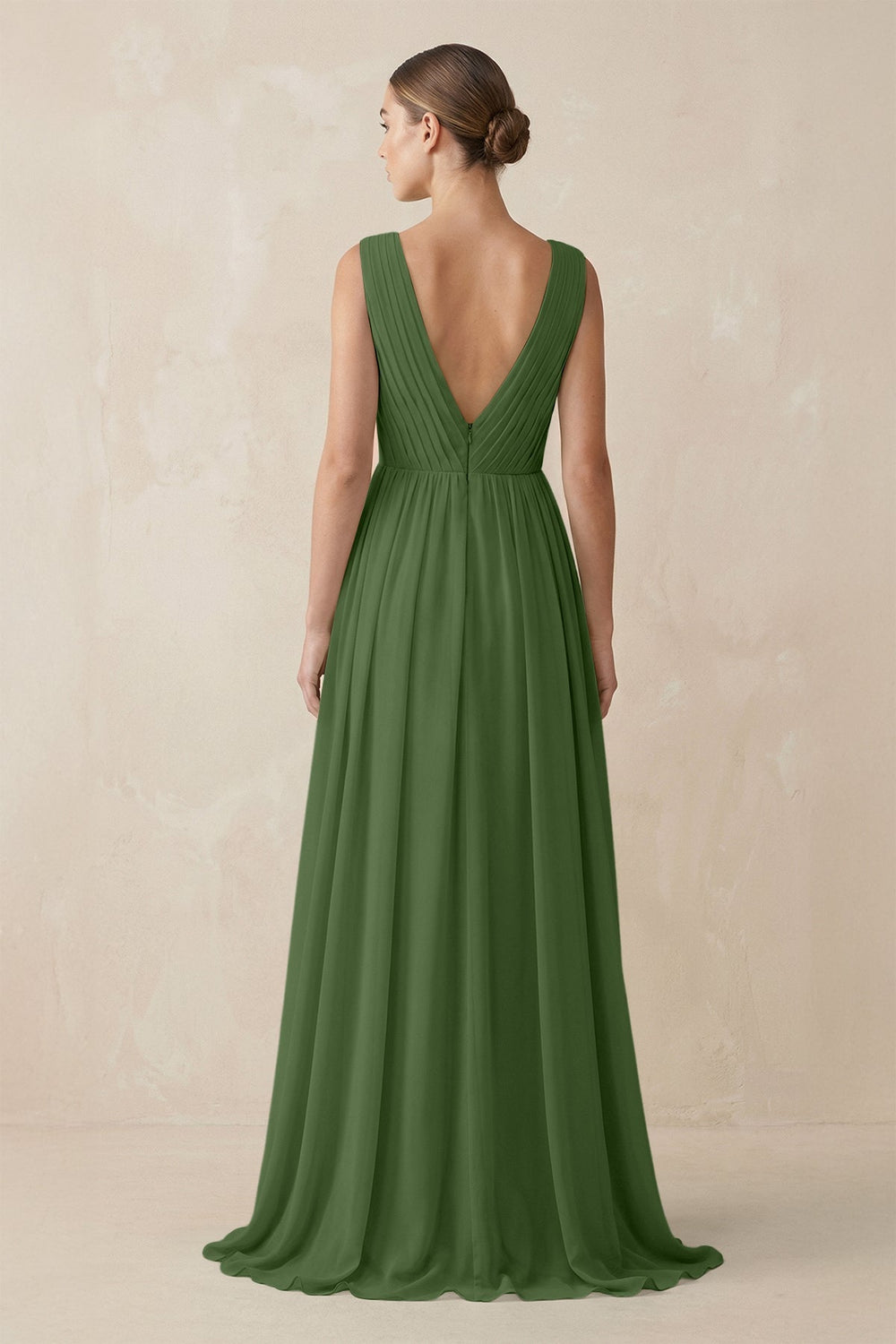 Deep V - Neck Pleated A - Line Chiffon Bridesmaid Dress in Moss - KissProm Bridesmaid Dresses