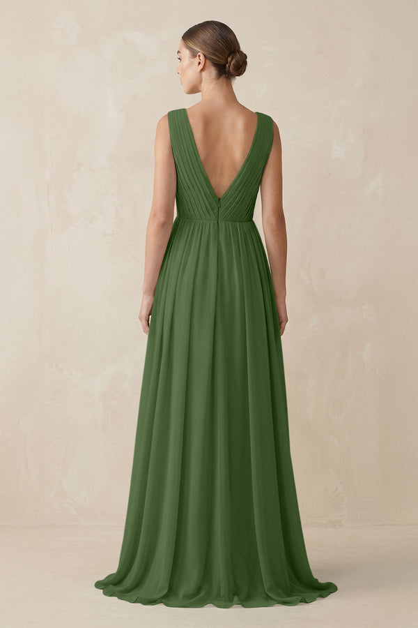 Deep V - Neck Pleated A - Line Chiffon Bridesmaid Dress in Moss - KissProm Bridesmaid Dresses