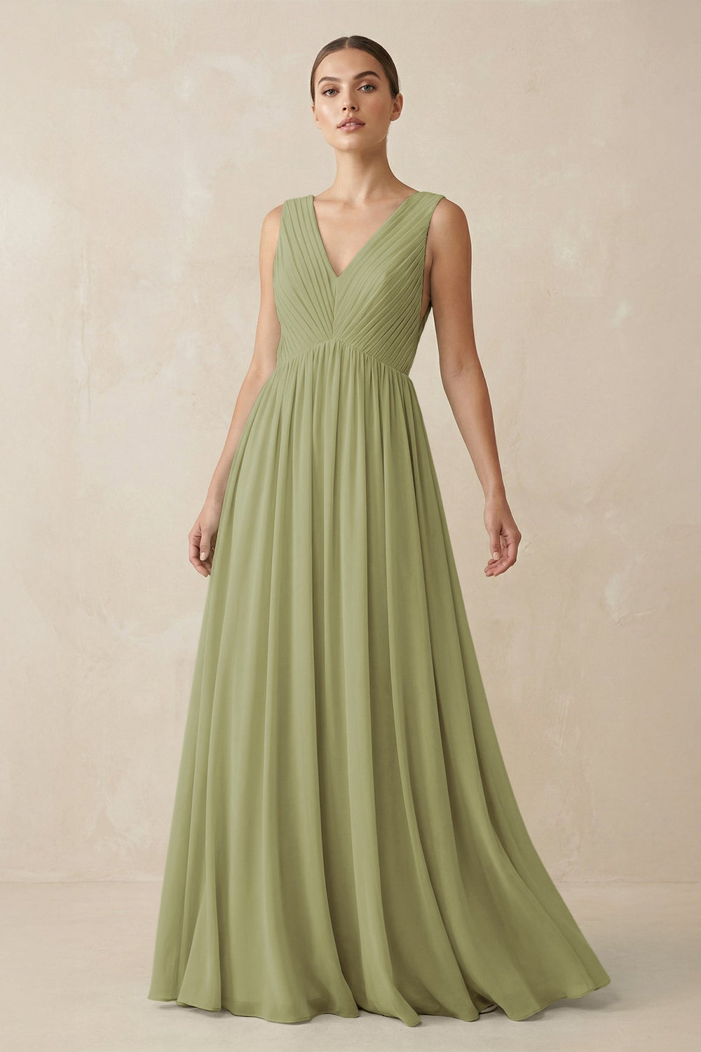 Deep V - Neck Pleated A - Line Chiffon Bridesmaid Dress in Moss Green - KissProm Bridesmaid Dresses