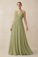 Deep V - Neck Pleated A - Line Chiffon Bridesmaid Dress in Moss Green - KissProm Bridesmaid Dresses