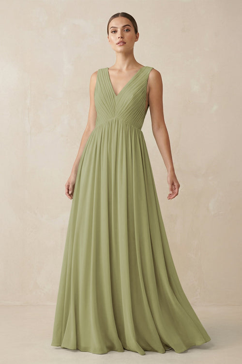 Deep V - Neck Pleated A - Line Chiffon Bridesmaid Dress in Moss Green - KissProm Bridesmaid Dresses