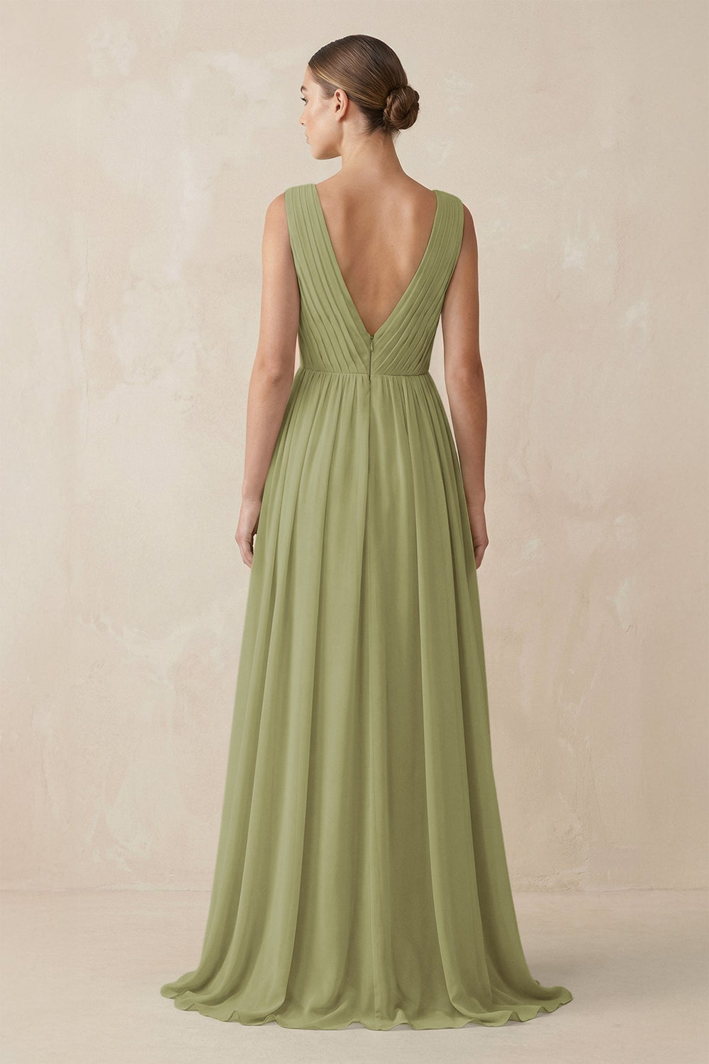 Deep V - Neck Pleated A - Line Chiffon Bridesmaid Dress in Moss Green - KissProm Bridesmaid Dresses