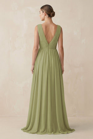 Deep V - Neck Pleated A - Line Chiffon Bridesmaid Dress in Moss Green - KissProm Bridesmaid Dresses