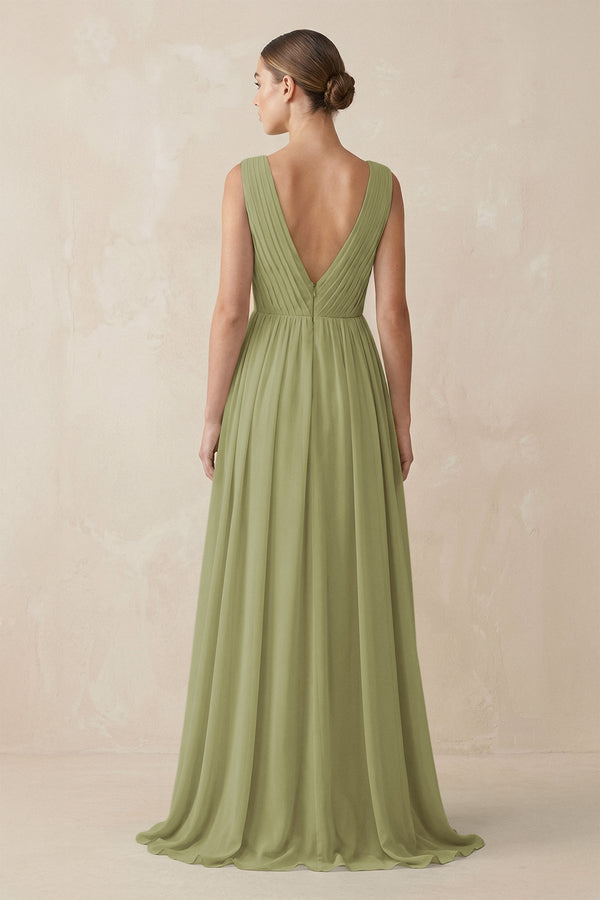 Deep V - Neck Pleated A - Line Chiffon Bridesmaid Dress in Moss Green - KissProm Bridesmaid Dresses