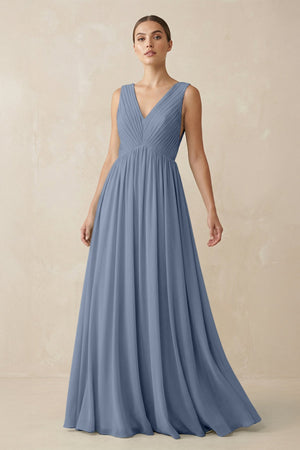 Deep V - Neck Pleated A - Line Chiffon Bridesmaid Dress in Neptune - KissProm Bridesmaid Dresses