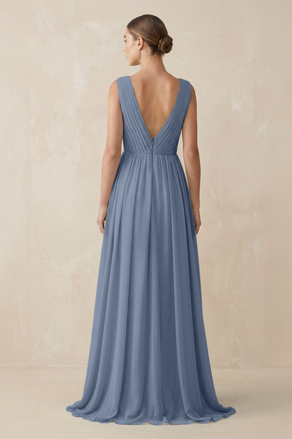 Deep V - Neck Pleated A - Line Chiffon Bridesmaid Dress in Neptune - KissProm Bridesmaid Dresses