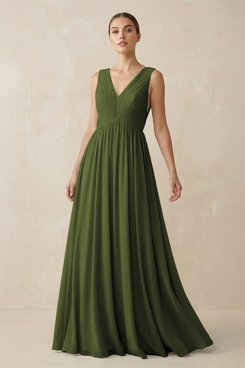 KissProm V-Neck Pleated A-Line Chiffon Bridesmaid Dress in Olive, Olive / 12