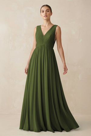 Deep V - Neck Pleated A - Line Chiffon Bridesmaid Dress in Olive - KissProm Bridesmaid Dresses
