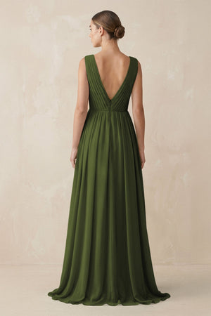 Deep V - Neck Pleated A - Line Chiffon Bridesmaid Dress in Olive - KissProm Bridesmaid Dresses