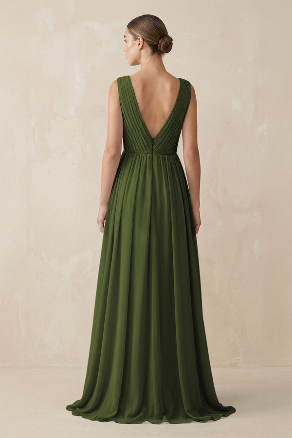 Deep V - Neck Pleated A - Line Chiffon Bridesmaid Dress in Olive - KissProm Bridesmaid Dresses