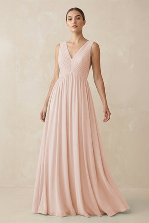 Deep V - Neck Pleated A - Line Chiffon Bridesmaid Dress in Pale Blush - KissProm Bridesmaid Dresses