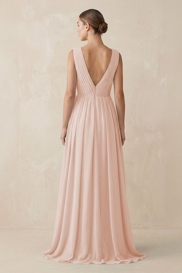 Deep V - Neck Pleated A - Line Chiffon Bridesmaid Dress in Pale Blush - KissProm Bridesmaid Dresses
