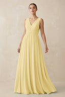 Deep V - Neck Pleated A - Line Chiffon Bridesmaid Dress in Pastel Yellow - KissProm Bridesmaid Dresses