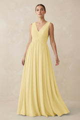 Deep V - Neck Pleated A - Line Chiffon Bridesmaid Dress in Pastel Yellow - KissProm Bridesmaid Dresses