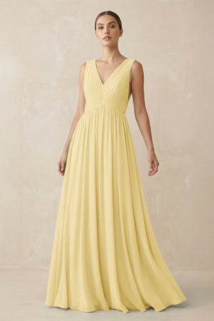 Deep V - Neck Pleated A - Line Chiffon Bridesmaid Dress in Pastel Yellow - KissProm Bridesmaid Dresses