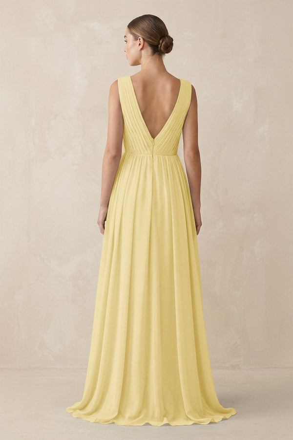 KissProm V-Neck Pleated A-Line Chiffon Bridesmaid Dress in Pastel Yellow, Pastel Yellow / 16