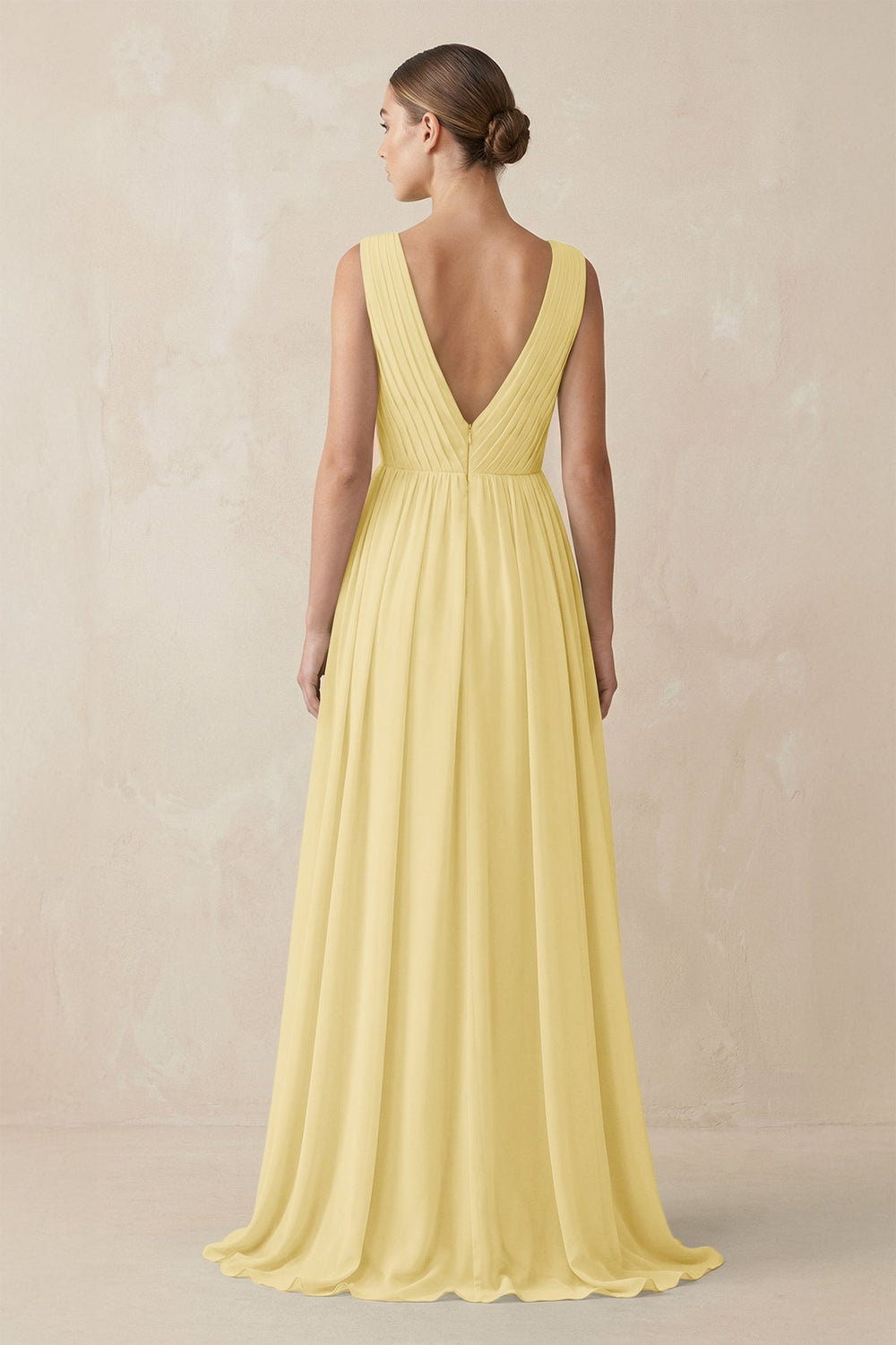Deep V - Neck Pleated A - Line Chiffon Bridesmaid Dress in Pastel Yellow - KissProm Bridesmaid Dresses