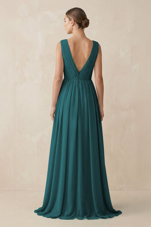 Deep V - Neck Pleated A - Line Chiffon Bridesmaid Dress in Pine - KissProm Bridesmaid Dresses