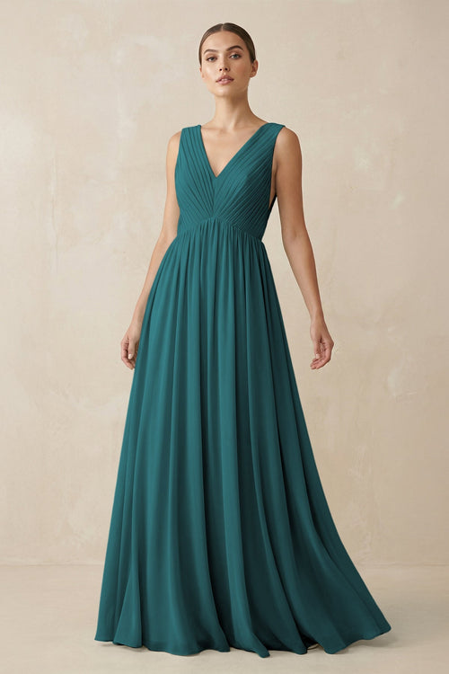 Deep V - Neck Pleated A - Line Chiffon Bridesmaid Dress in Pine - KissProm Bridesmaid Dresses