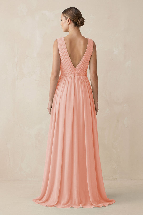 Deep V - Neck Pleated A - Line Chiffon Bridesmaid Dress in Rose Petal - KissProm Bridesmaid Dresses