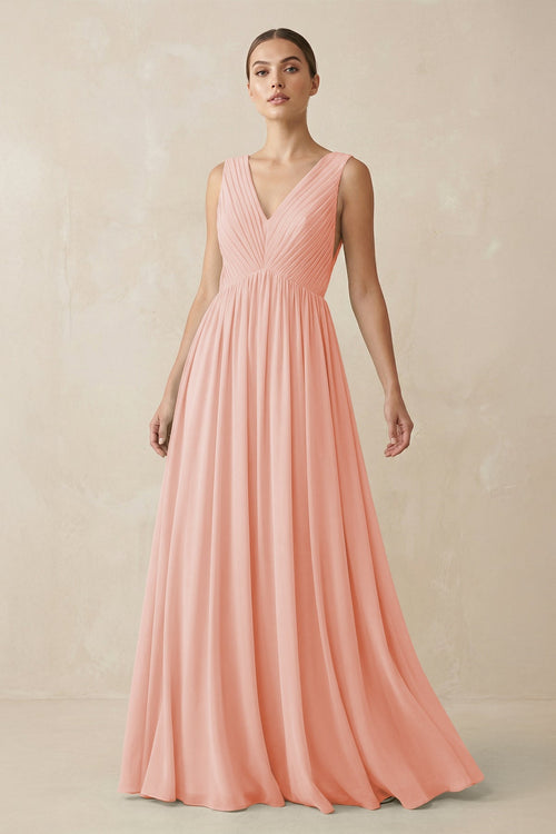 Deep V - Neck Pleated A - Line Chiffon Bridesmaid Dress in Rose Petal - KissProm Bridesmaid Dresses
