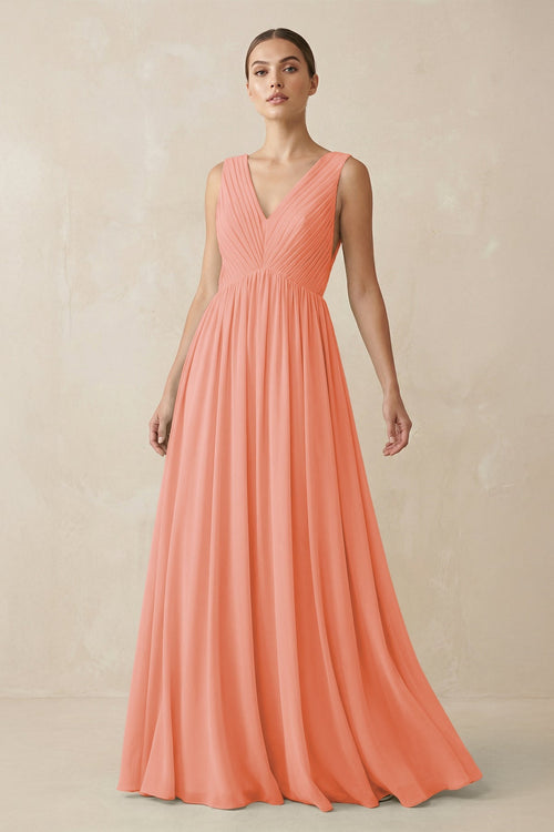 Deep V - Neck Pleated A - Line Chiffon Bridesmaid Dress in Rosette - KissProm Bridesmaid Dresses