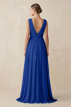 Deep V - Neck Pleated A - Line Chiffon Bridesmaid Dress in Royal Blue - KissProm Bridesmaid Dresses