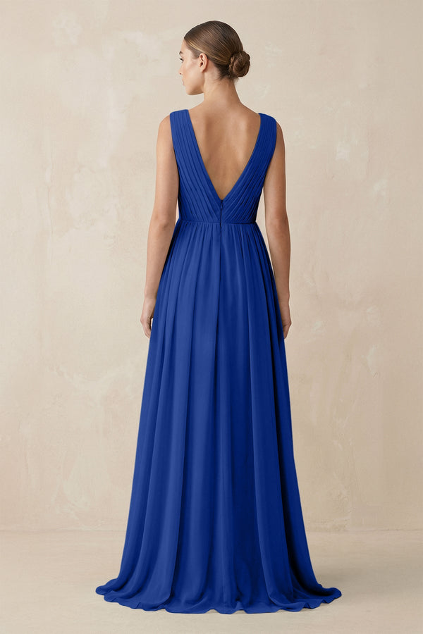 Deep V - Neck Pleated A - Line Chiffon Bridesmaid Dress in Royal Blue - KissProm Bridesmaid Dresses