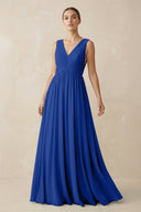 Deep V - Neck Pleated A - Line Chiffon Bridesmaid Dress in Royal Blue - KissProm Bridesmaid Dresses
