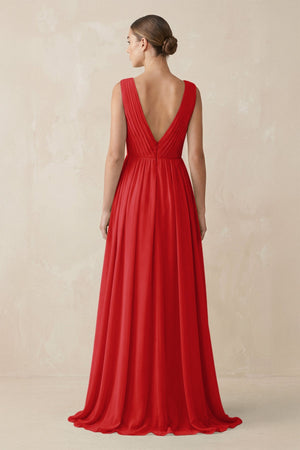 Deep V - Neck Pleated A - Line Chiffon Bridesmaid Dress in Ruby Red - KissProm Bridesmaid Dresses