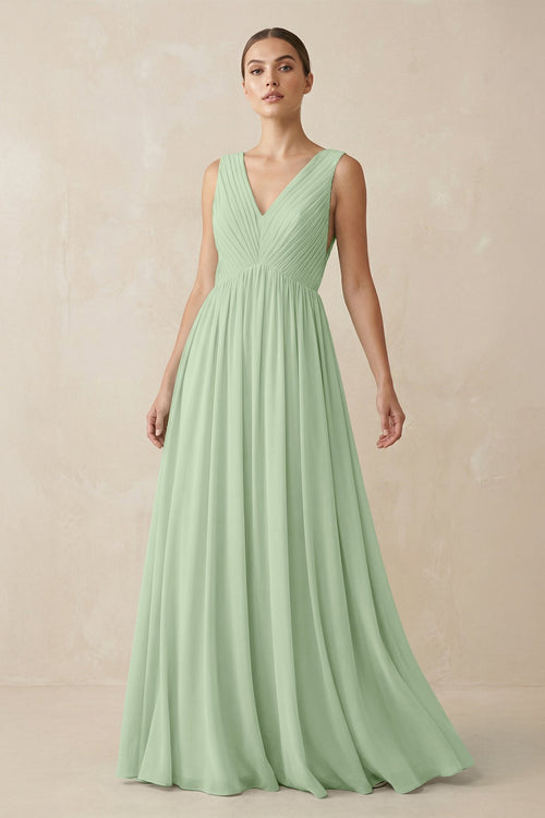 KissProm V-Neck Pleated A-Line Chiffon Bridesmaid Dress in Sage, Sage / 30