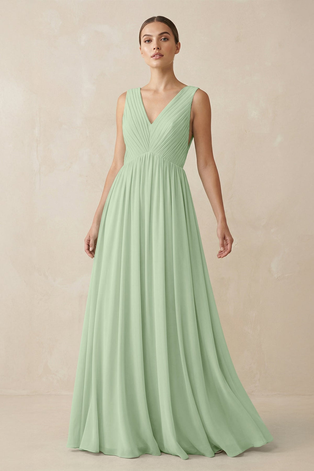 Deep V - Neck Pleated A - Line Chiffon Bridesmaid Dress in Sage - KissProm Bridesmaid Dresses
