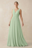 Deep V - Neck Pleated A - Line Chiffon Bridesmaid Dress in Sage - KissProm Bridesmaid Dresses