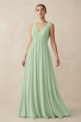 Deep V - Neck Pleated A - Line Chiffon Bridesmaid Dress in Sage - KissProm Bridesmaid Dresses