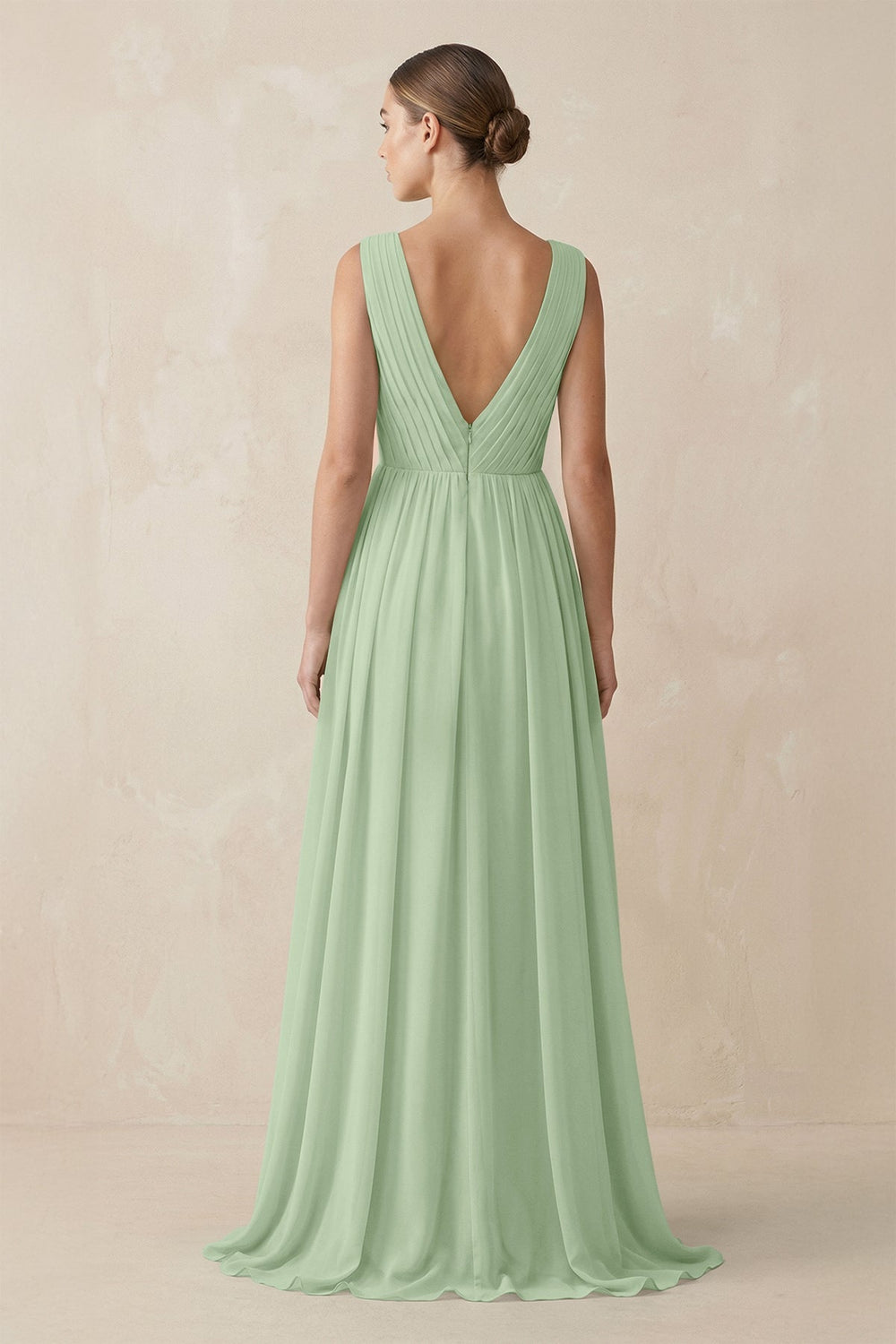 Deep V - Neck Pleated A - Line Chiffon Bridesmaid Dress in Sage - KissProm Bridesmaid Dresses