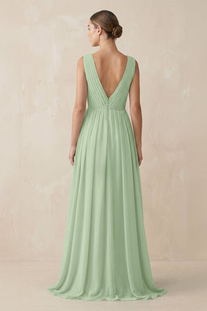 Deep V - Neck Pleated A - Line Chiffon Bridesmaid Dress in Sage - KissProm Bridesmaid Dresses