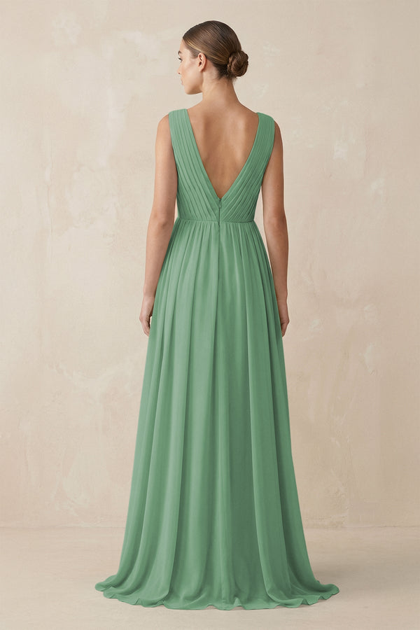 KissProm V-Neck Pleated A-Line Chiffon Bridesmaid Dress in Sea Glass, Sea Glass / 12