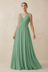 Deep V - Neck Pleated A - Line Chiffon Bridesmaid Dress in Sea Glass - KissProm Bridesmaid Dresses