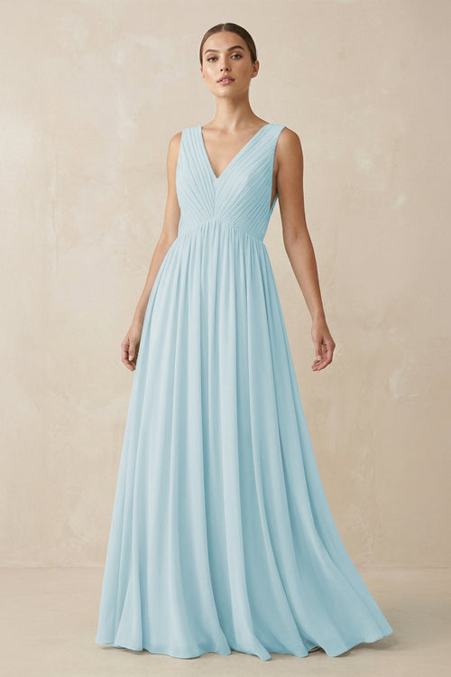 KissProm V-Neck Pleated A-Line Chiffon Bridesmaid Dress in Sky Blue, Sky Blue / 30