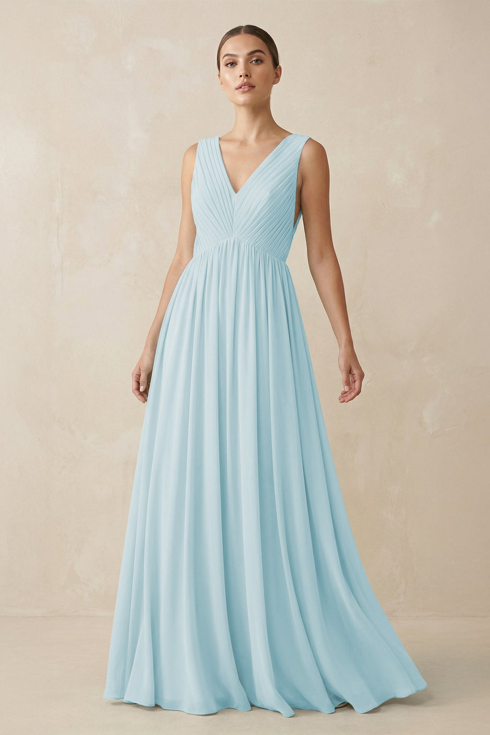 Deep V - Neck Pleated A - Line Chiffon Bridesmaid Dress in Sky Blue - KissProm Bridesmaid Dresses