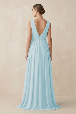 Deep V - Neck Pleated A - Line Chiffon Bridesmaid Dress in Sky Blue - KissProm Bridesmaid Dresses