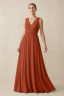 Deep V - Neck Pleated A - Line Chiffon Bridesmaid Dress in Spice - KissProm Bridesmaid Dresses