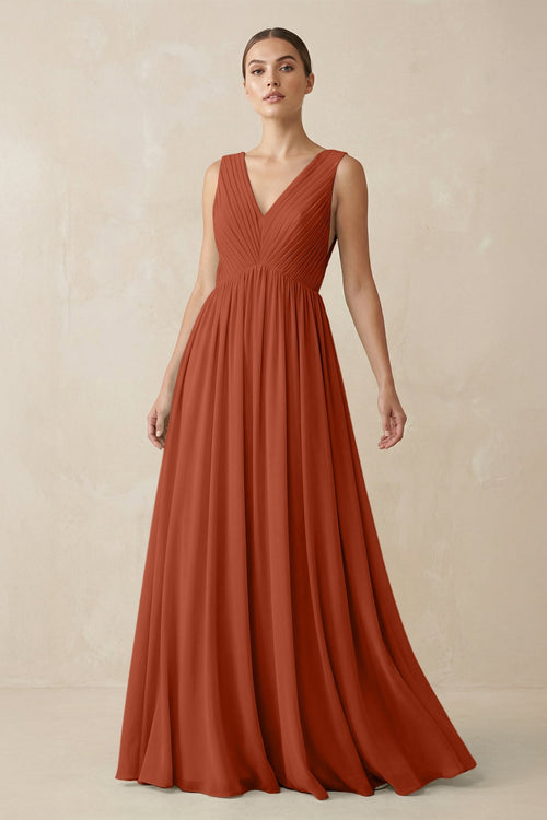 Deep V - Neck Pleated A - Line Chiffon Bridesmaid Dress in Spice - KissProm Bridesmaid Dresses
